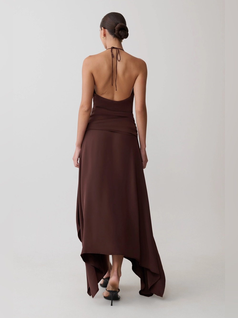 Meshki Cyra Plunge Halter Satin Midi Dress Dark Chocolate Size XS NWT - Picture 3 of 12